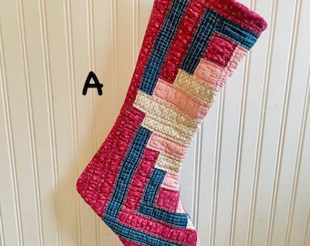 Custom order for Quilted Christmas stockings, log cabin quilt, handmade stockings, vintage quilt, farmhouse style, primitive style