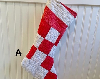 Custom order Quilted Christmas stockings, red stocking, 9 patch quilt, handmade stockings, vintage quilt