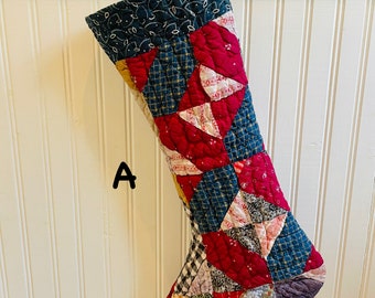 Made to order Quilted Christmas stockings, handmade stockings, vintage quilt, antique quilt, farmhouse style, primitive style