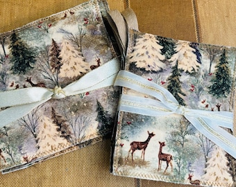 Woodland scene potholders, handmade potholders, holiday potholders, handmade gifts, deer theme, bowl cozy, farmhouse decoration