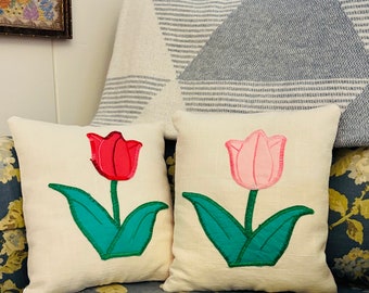 Tulips, tulip pillows, Handmade pillows, quilted pillows, vintage quilts, vintage textiles, heart pillow, red and white quilt