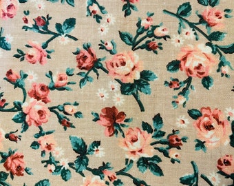 Vintage textiles, pink roses, calico print, homespun fabric, shabby chic, textiles, vintage textiles