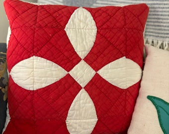 Handmade pillows, quilted pillows, vintage quilts, vintage textiles, red and white quilt