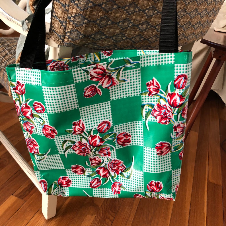 oil cloth Red tulip print mexican oil cloth bag tulip oil cloth tote reusable bag shopping bag