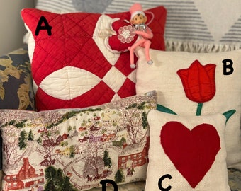 Handmade pillows, grandma Moses, quilted pillows, vintage quilts, vintage textiles, heart pillow, red and white quilt