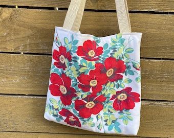 Red floral tote bag, handmade, floral bag,  repurpose vintage tablecloth, shopping bag, tote, cotton tote shabby chic tote floral bag