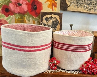 Fabric basket, linen towels, craft room organization, storage ideas, French towels, French textiles, red stripe towels