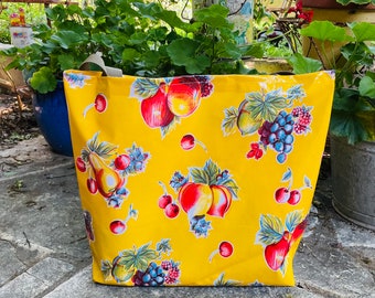 oilcloth tote bag, fruit oilcloth , yellow oilcloth tote, shopping bag, tote