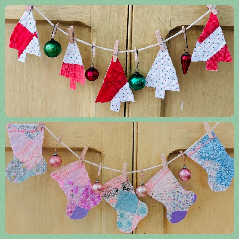 Miniature Christmas stockings, Christmas garland, handmade stockings, vintage quilt, Christmas decorations, mini stockings, miniature trees image 1