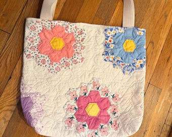 Quilted tote bag, grandmothers garden quilt , vintage quilt, tote, shabby chic, farmhouse bag,