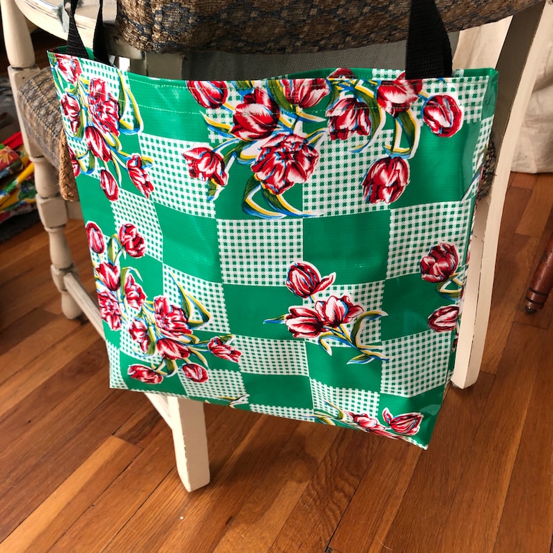 oil cloth Red tulip print mexican oil cloth bag tulip oil cloth tote reusable bag shopping bag