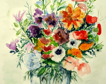 Bunter Frühlingsstrauß, Original Aquarell 2023