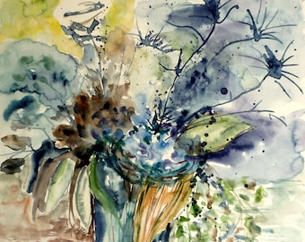 Blaue Blüten, Modernes Aquarell 2024, Original mit Passepartout