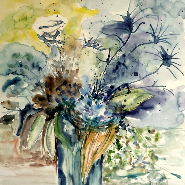 Blaue Blüten, Modernes Aquarell 2024, Original mit Passepartout