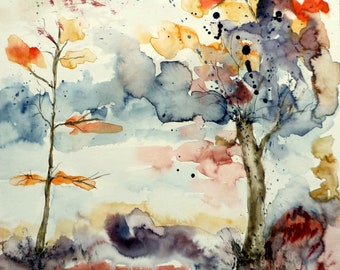 Modern landscape picture, original watercolor 2024 with passepartout