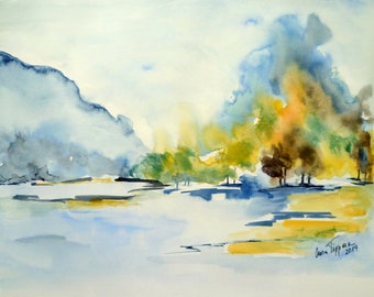 Herbstfarben- Weite Landschaft  - Original- Aquarell 2019, Passepartoutkarton 40 x 50 cm