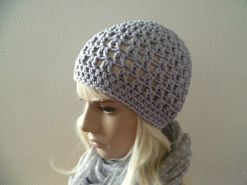 Farbwunsch-Sommer-Beanie-MützeKatja Damen-Sommer-Mütze,Beanie,Baumwollbeanie,luftige Beanie, hellgrau