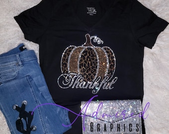 Thankful Pumkpin Rhinestone Tee, Thankful Crystallized Tee, Sparkle Tee, Thanksgiving Rhinestone Tee