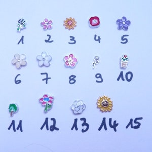 Puede incluir: Surtido de 15 pequeños colgantes de amuleto con varios diseños de flores, incluyendo una rosa, un girasol, una margarita y una planta en maceta. Los amuletos son de tono plateado con detalles de esmalte de colores.
