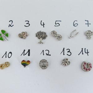 Könnte beinhalten: Fünfzehn silberne Charms mit verschiedenen Designs, darunter Herzen, Kleeblätter, Bäume, Unendlichkeitszeichen, Hufeisen und Kreuze. Die Charms sind von 1 bis 15 nummeriert.