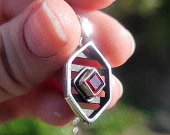 Sterling silver garnet necklace, red pendant, striped, stripes, handmade, one of a kind