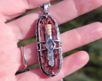 Sterling silver, red velvet, glass vial, reliquary pendant, labradorite, tiny bottle, necklace handmade one of a kind unusual jewelry