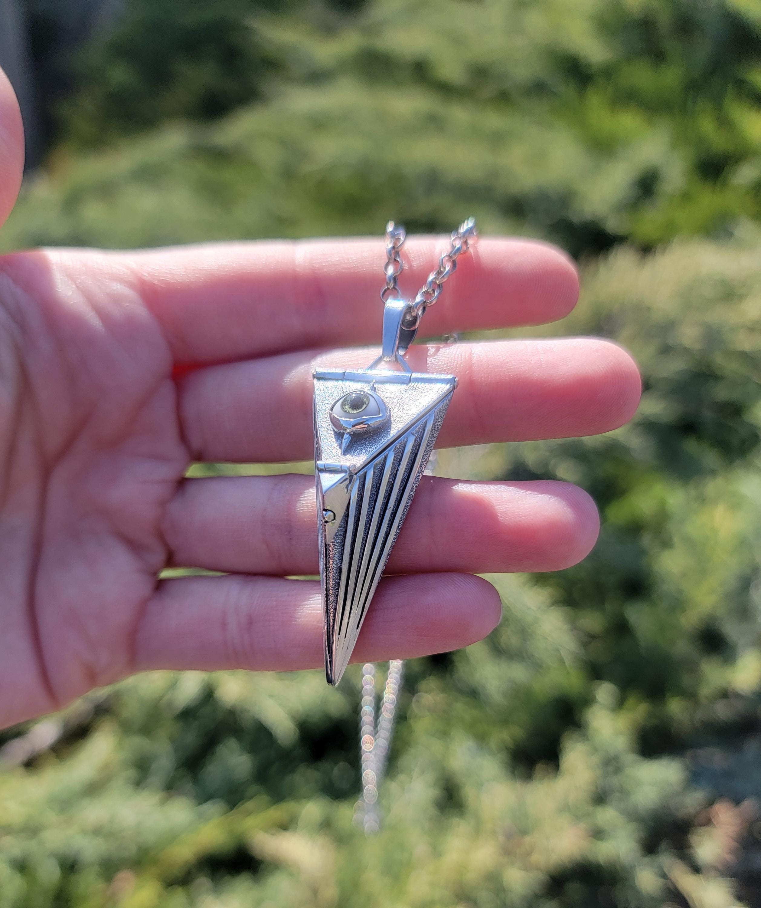 Sterling silver eye locket box, pyramid, triangle shape, handmade one of a kind unusual jewelry, secret container necklace.