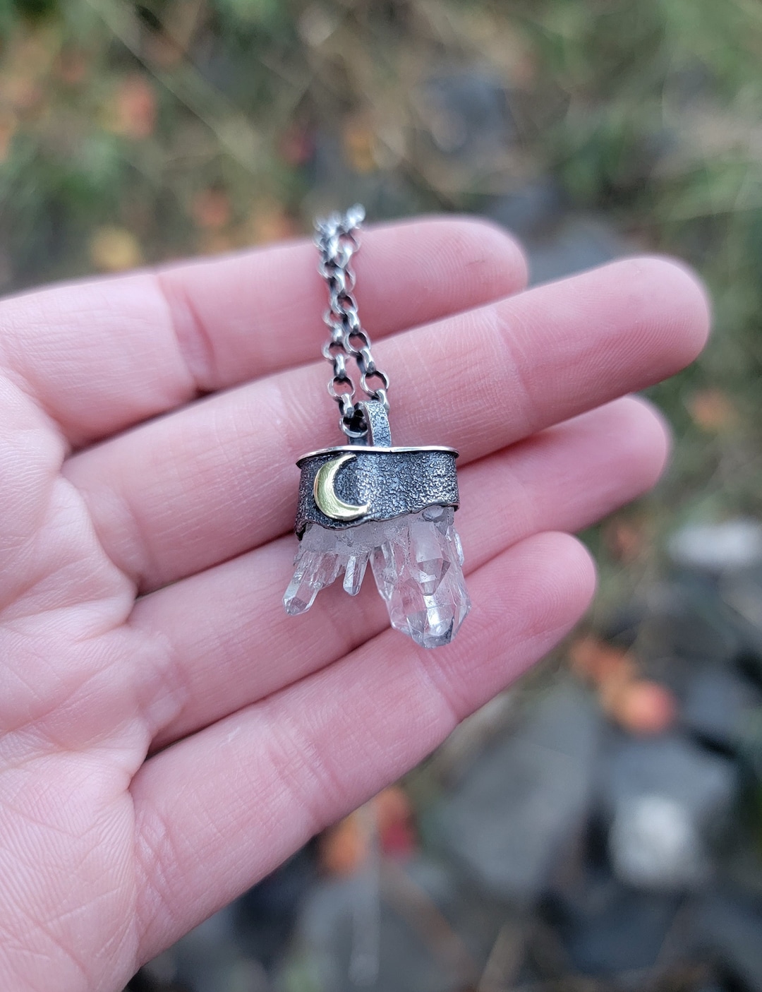 Sterling Silver Quartz Crystal Cluster Pendant, Brass Moon