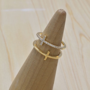 Ring, RI-13G, 1pc, 16K shiny gold plated brass, Cross ring, Cubic ring, Inner 17mm, Enhanced gold plating, Adjustable ring
