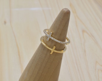 Ring, RI-13G, 1pc, 16K shiny gold plated brass, Cross ring, Cubic ring, Inner 17mm, Enhanced gold plating, Adjustable ring