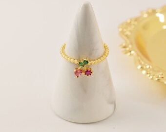 CZ fruit ring, RDO-05GA, 1 piece, 16K shiny gold plated brass, Cherry, Adjustable ring, Inner 16mm, Enhanced micron gold plating