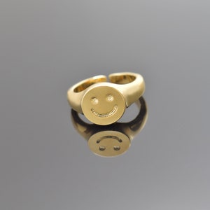 Smile face ring, RI-16G, 1 piece, 16K shiny gold plated brass, Adjustable ring, Inner 16mm, Enhanced micron gold plating