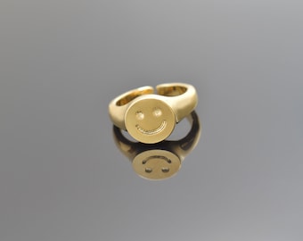 Smile face ring, RI-16G, 1 piece, 16K shiny gold plated brass, Adjustable ring, Inner 16mm, Enhanced micron gold plating