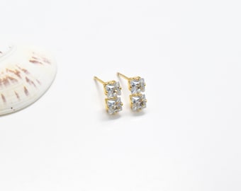 Earrings, EMB-05G, 2pcs, 16K shiny gold plated brass and titanium, Nickel free, Cubic zirconia, 9x4.5mm, Titanium post