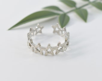 Star ring, RT-03R, 1 piece, Original rhodium plated brass, 6mm wide, Inner 17mm, Adjustable ring