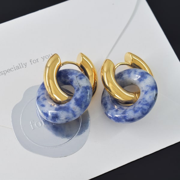 Ear hoop w/ donut stone, EK-89GE, 2pcs, 16K shiny gold plated brass, White dot blue, Donut 20x5mm, Nickel free