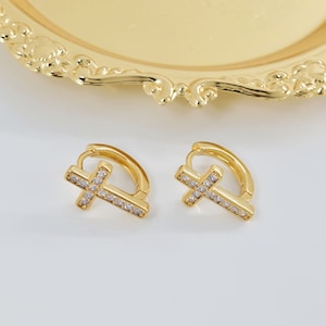 CZ earrings, ESW-78G, 2pcs, 16K shiny gold plated brass, Cross ear hoop, Cross 15mm x 10mm, Nickel free