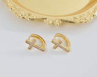 CZ earrings, ESW-78G, 2pcs, 16K shiny gold plated brass, Cross ear hoop, Cross 15mm x 10mm, Nickel free