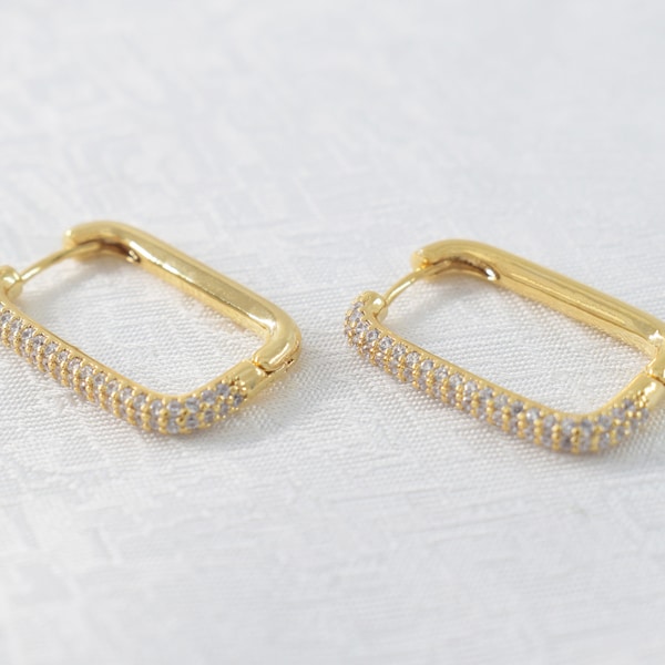 CZ earrings, EW-75G, 2pcs, 16K shiny gold plated brass, Nickel free, 21x14mm