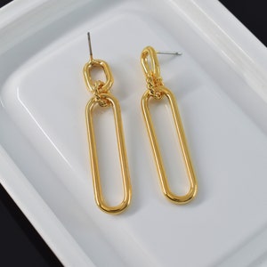 Oval earrings, EG-105G, 2pcs, 16K shiny gold plated brass, Nickel free, Geometric earrings, Overall 50mm long