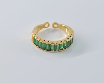 Ring, RW-26GEM, 1pc, 16K shiny gold plated brass, Emerald, CZ ring, Inner 17mm, Enhanced gold plating, Adjustable ring