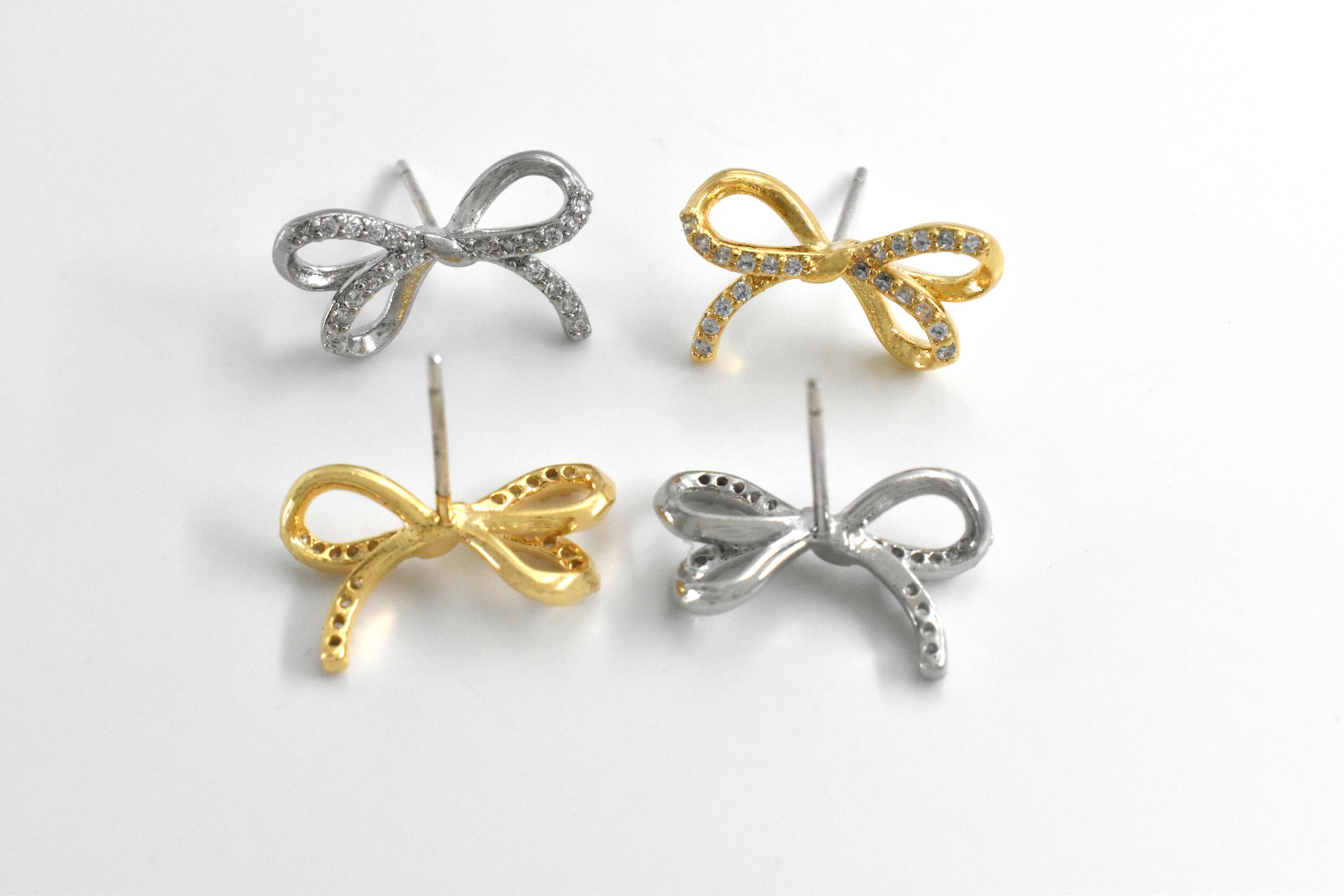 CZ Ribbon Earrings, EDO-186G, 1 Pair, 16K Shiny Gold Plated