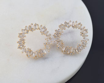 CZ earrings, EW-86G, 2pcs, 16K shiny gold plated brass, Crystal, Nickel free, Outer 23mm, 925 silver post