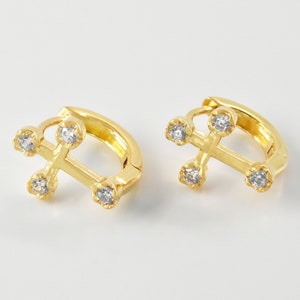 CZ Earrings, ESW-114G, 2pcs, 16K shiny gold plated brass, Cross Ear Hoop, Cross 13mm x 10mm, Nickel free