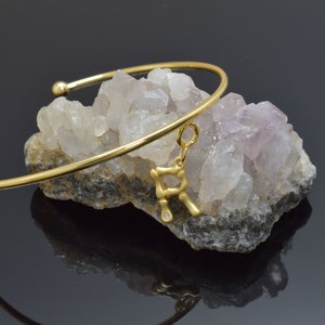 May include: A gold bangle bracelet with a small gold charm hanging from it. The charm is shaped like the letter "R" and has a small clear stone in the center. The bracelet is resting on a bed of pink and white crystals.