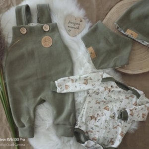 Forest animals dungarees also in a set with beanie hat and reversible scarf or body or complete set size 44 - 92