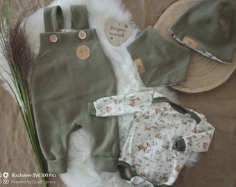 Forest animals dungarees also in a set with beanie hat and reversible scarf or body or complete set size 44 - 92