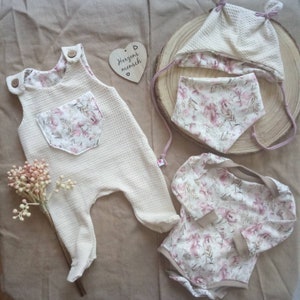 Flower romper/baby romper also with ear hat and reversible scarf or body or complete set size 44 - 92