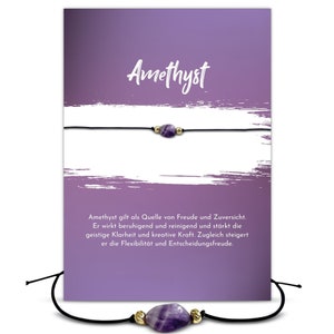 Edelstein Armband Amethyst und Grußkarte mit Bedeutung, verstellbares Armband, Sternzeichen Fische, - Geschenk, handmade in Deutschland