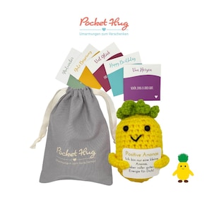 Positive Ananas – "Positive Energie", Motivation zum Verschenken im Leinensäckchen, gehäkelt, fünf Karten, Geschenk mit Bedeutung,Pocked Hug